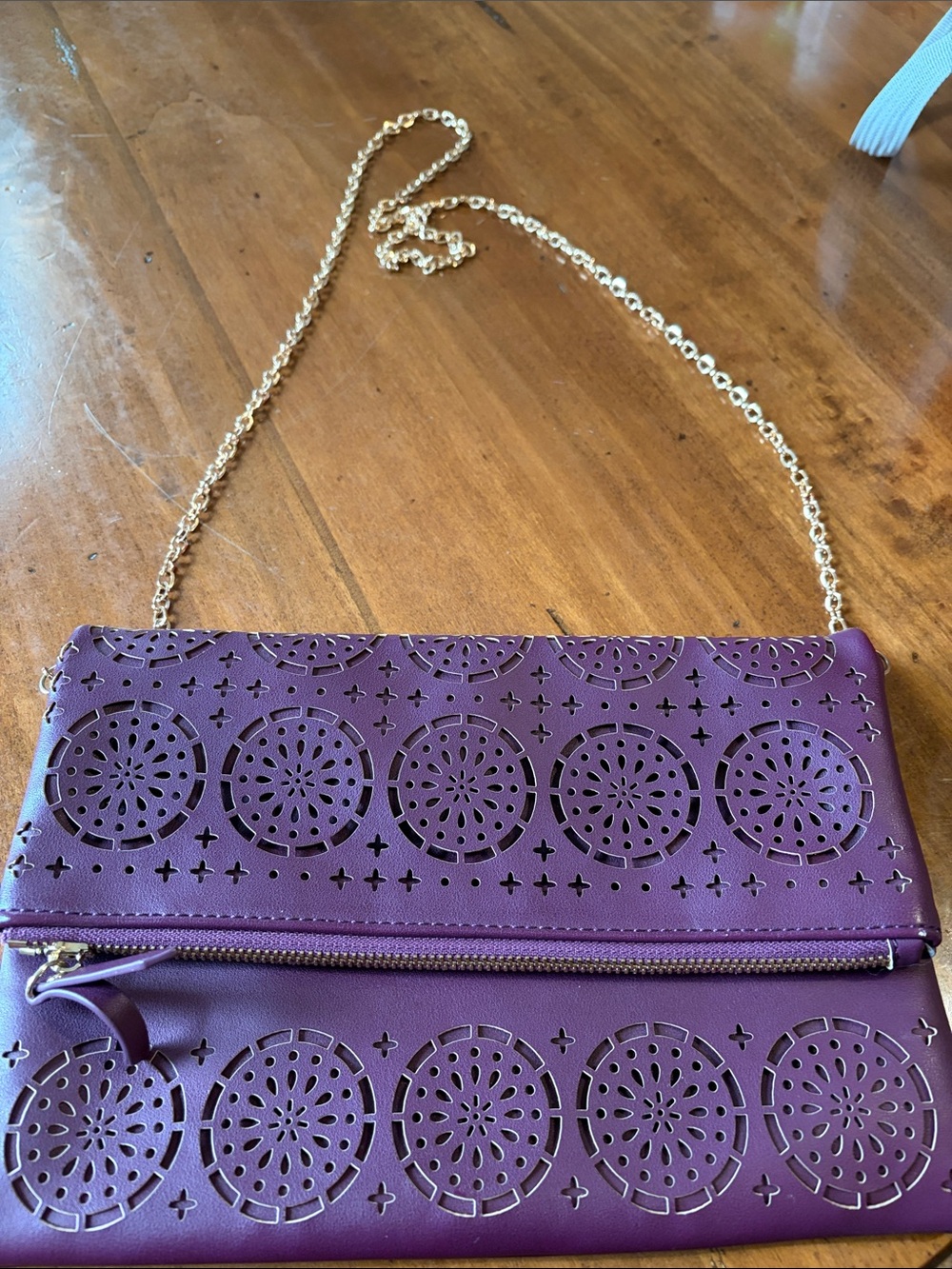 Purple Laser-Cut Foldover Clutch with Gold Chain Strap